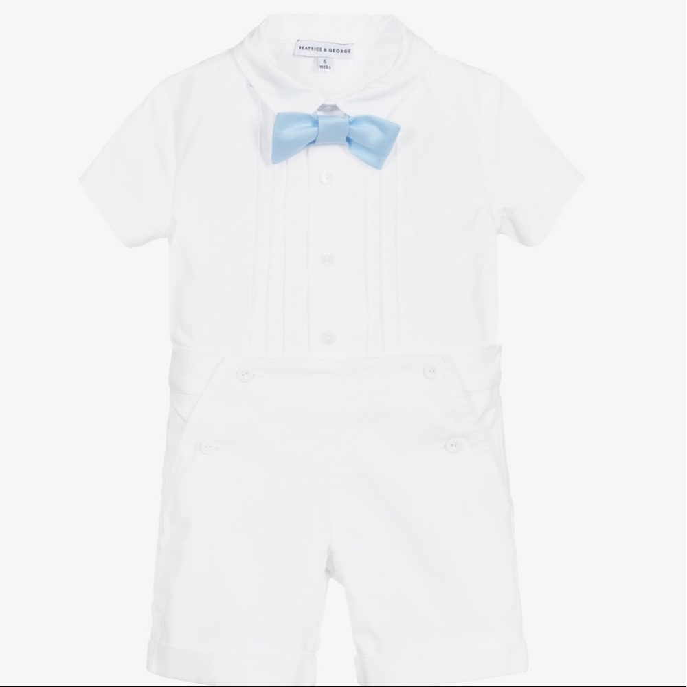 Beatrice and George Boys White Cotton Buster Suit